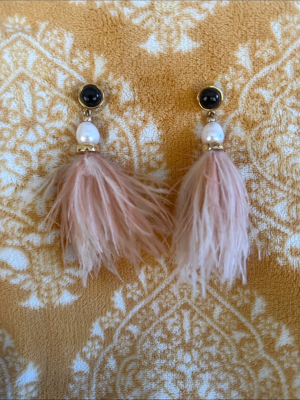 Peach Feather Tassel w/ Pearl Drop Earrings